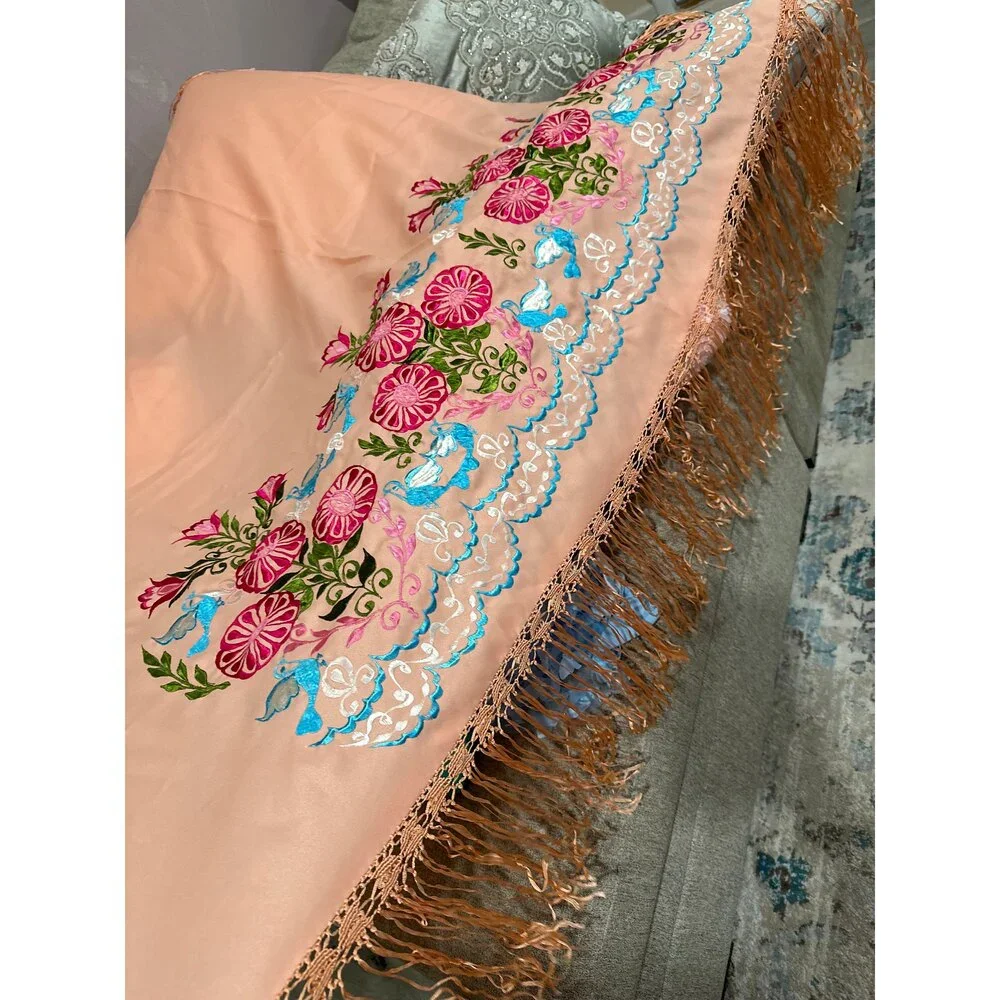 Vintage Embroidered Piano Shawl, Coral Rayon Blend, Floral Bird Design
